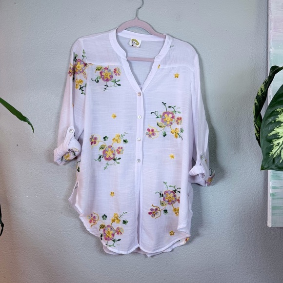 Anthropologie Tops - Anthropologie Fig and Flower White Sheer Floral Embroidered Boho Button Up Top L